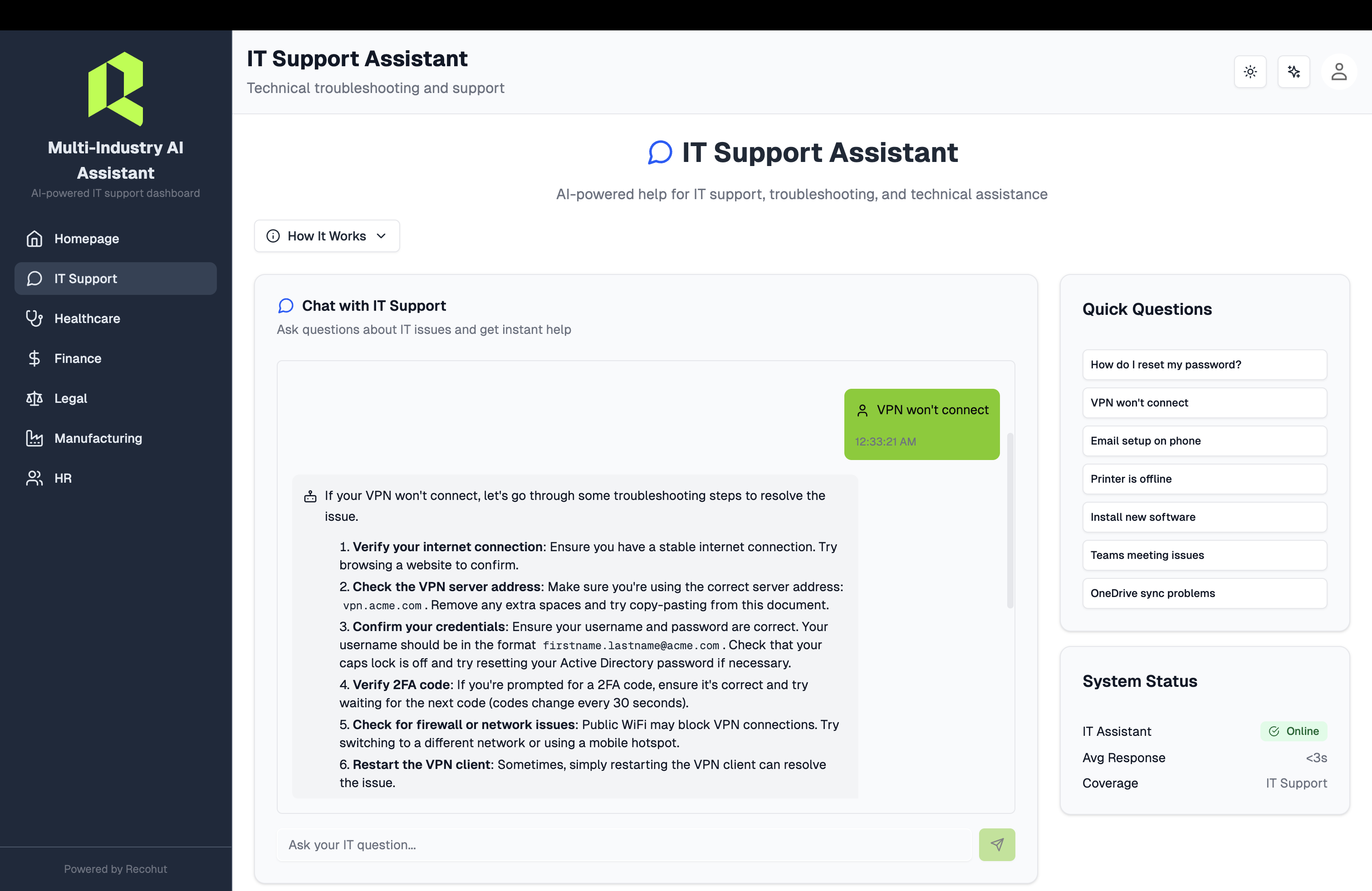 IT Support Assistant Interface